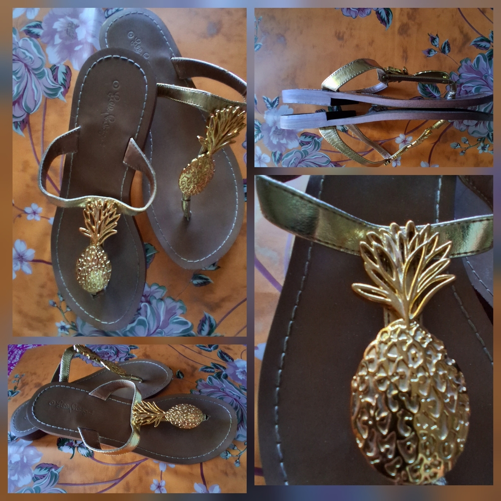 🔥Lilly Pulitzer for Target Gold Pineapple Sandals Flip Flop 9 EUC & Free Gift